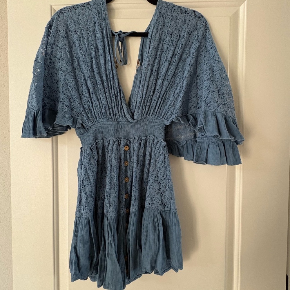 Free People Shyanne Flutter Sleeve Blue Lace Romper Dress - Picture 5 of 6